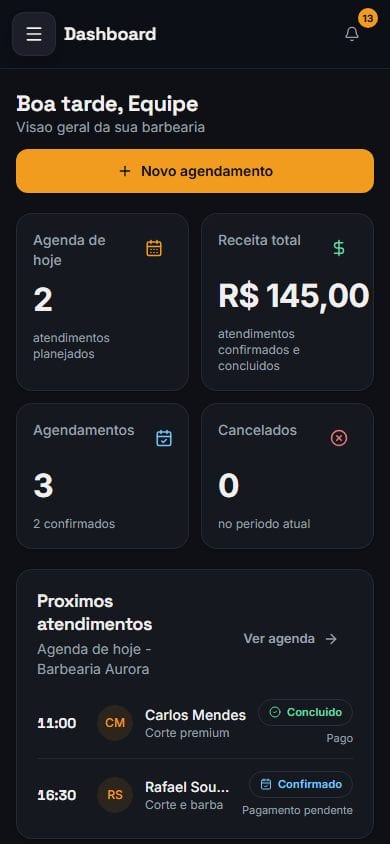 BarberFlow aberto no celular exibindo receita total, agendamentos e atendimentos do dia